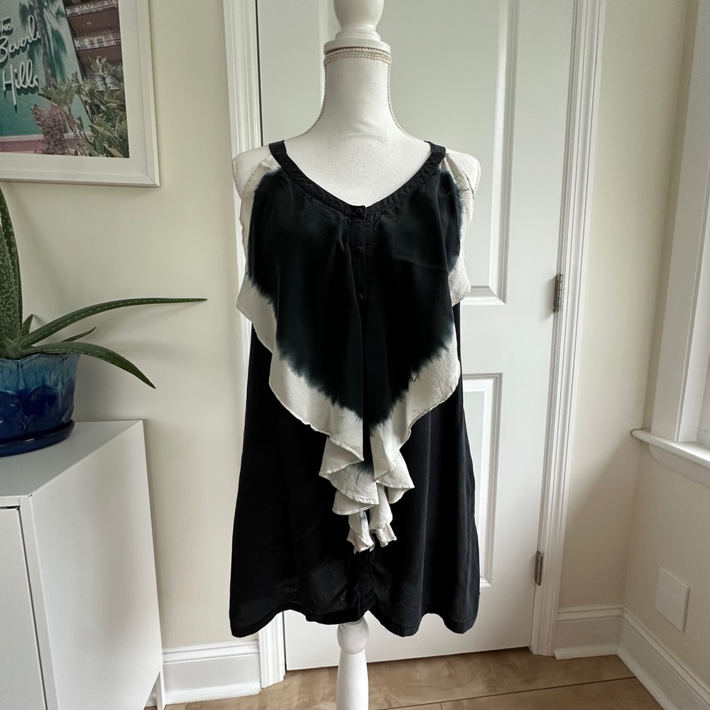 Trinity Charcoal and White Sleeveless tie dyed silk button up blouse